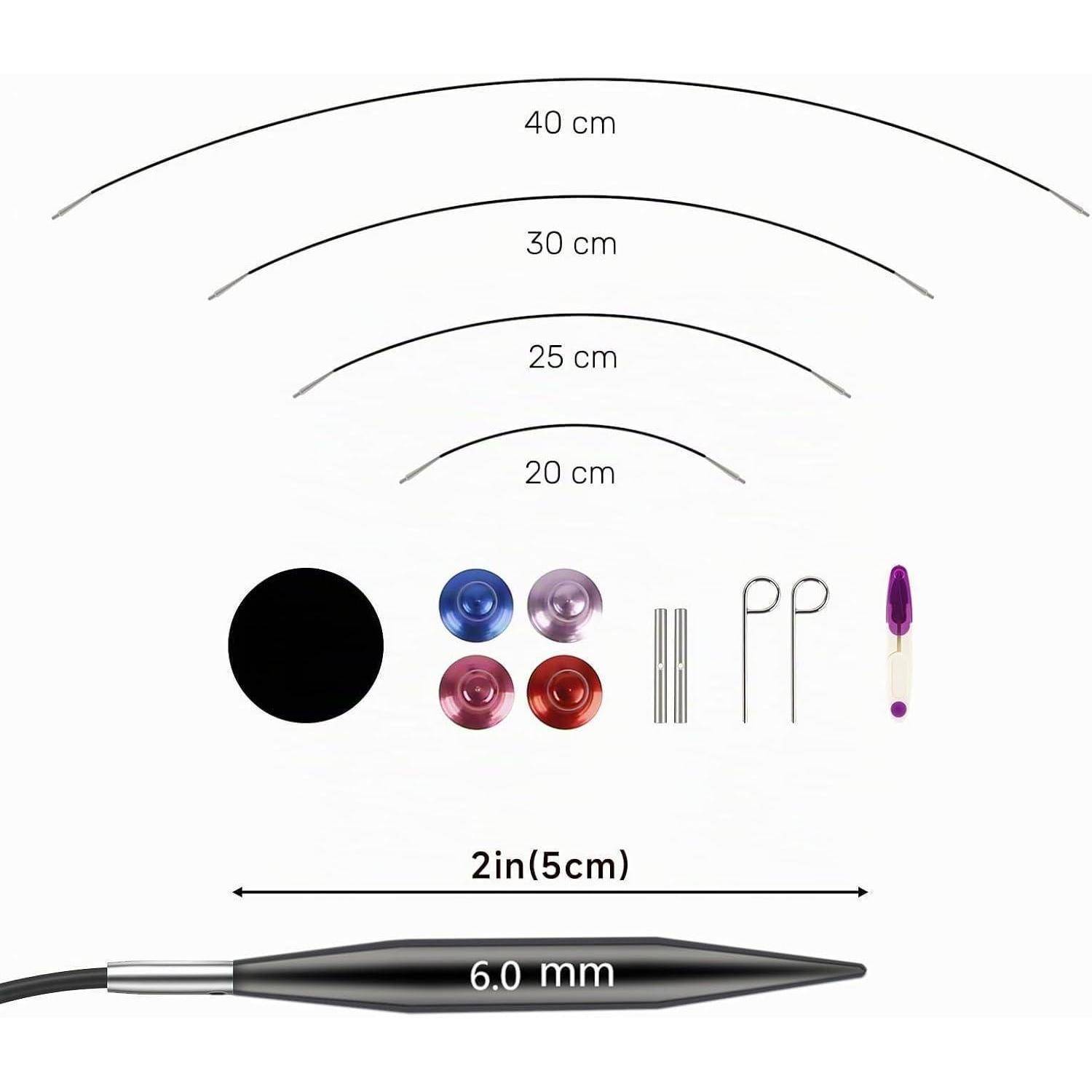 Diagramm von Rundstricknadel-Kabellängen, das 20 cm, 25 cm, 30 cm, 40 cm Bögen und eine 2 Zoll (5 cm), 6,0 mm Nadel mit Zubehör zeigt.