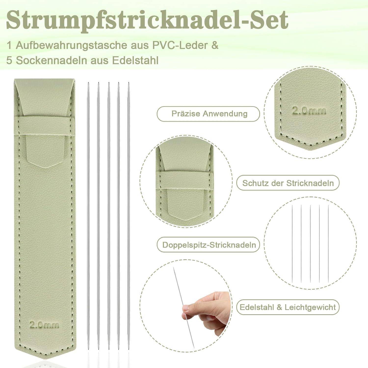 20x Edelstahl Sockennadeln Set Nadelspiel 2-4mm 15cm mit 4x Aufbewahrungstasche Grün