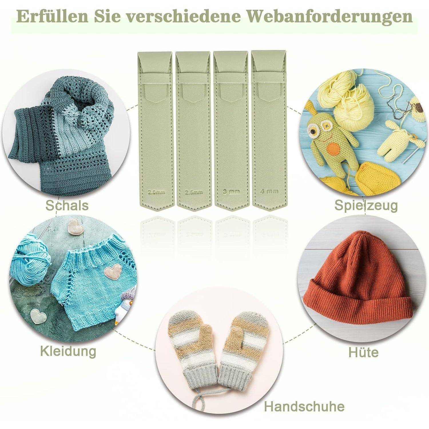 Infografik mit vier Lederstiftbreiten (1–4 mm) für Webanwendungen mit Beispielen: Schals, Spielzeug, Kleidung, Hüte und Handschuhe.