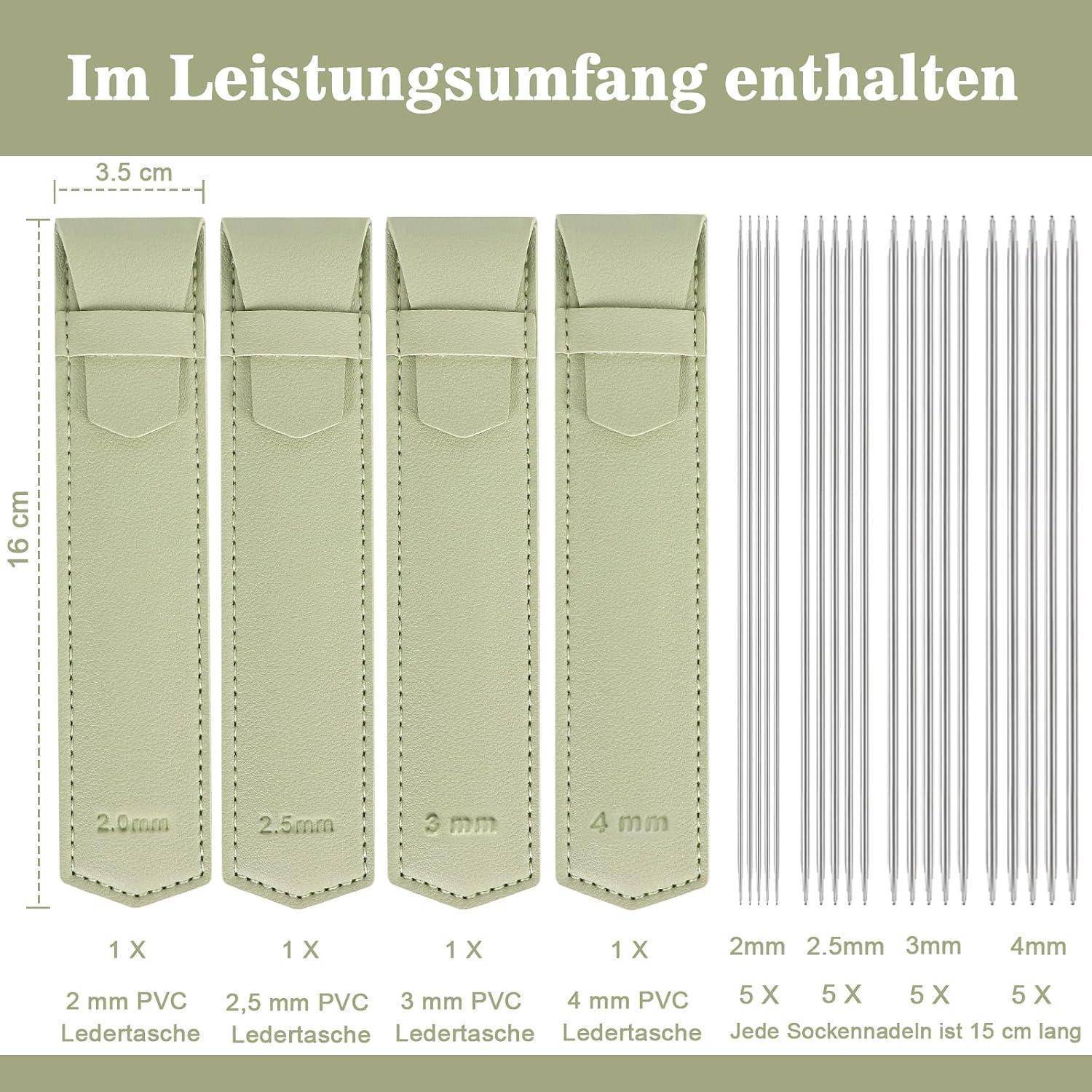 Das Set besteht aus vier grünen Lederfutteralen in den Größen 2 bis 4 mm sowie 20 Sockennadeln in den Größen 2, 2,5, 3 und 4 mm.