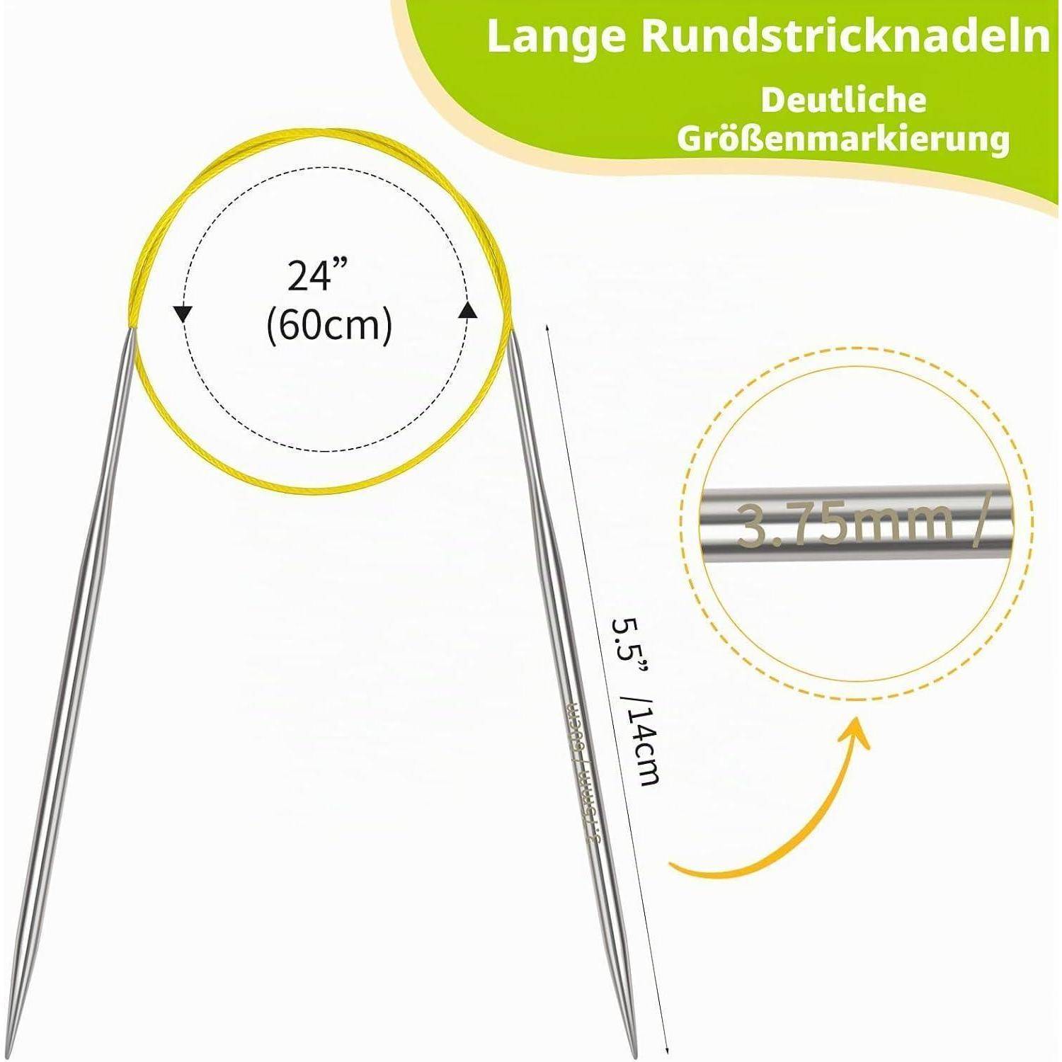 Produktgrafik von langen runden Stricknadeln mit einer Länge von 24 Zoll (60 cm), 5,5 Zoll (14 cm) langen Spitzen und einer Größenmarkierung von 3,75 mm.