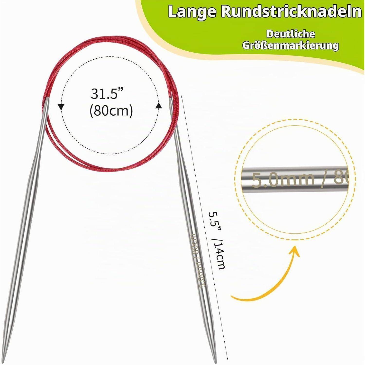 Rundstricknadeln mit rotem Kabel, gekennzeichnet mit 31,5" (80 cm) und 5,5"" (14 cm), mit deutschem Text, das deutliche Größenmarkierungen hervorhebt.