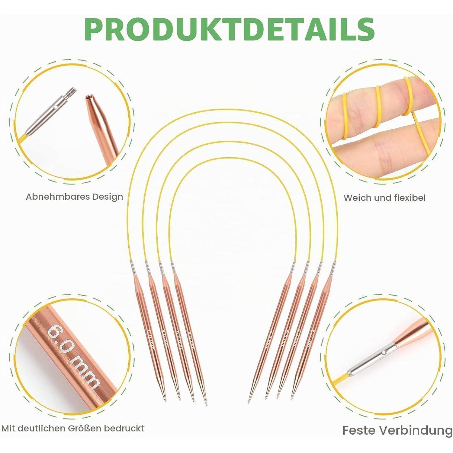 Produktdetail-Grafik mit flexiblen, goldfarbenen Stricknadeln mit roségoldfarbenen Spitzen; beschriftet mit „Abnehmbares Design