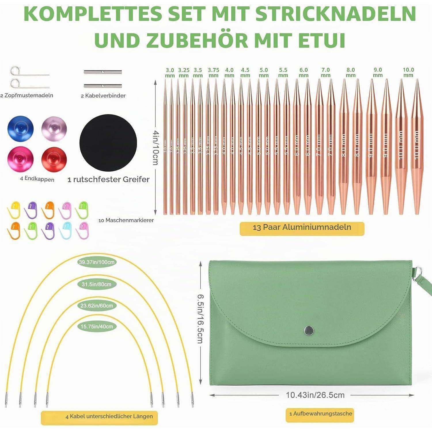 Illustriertes Stricknadel-Set mit 13 Aluminiumnadeln, Kabelverbindern, Verschlusskappen, Griffwerkzeug, Maschenmarkierern, vier Kabellängen und grünem Aufbewahrungsbeutel.