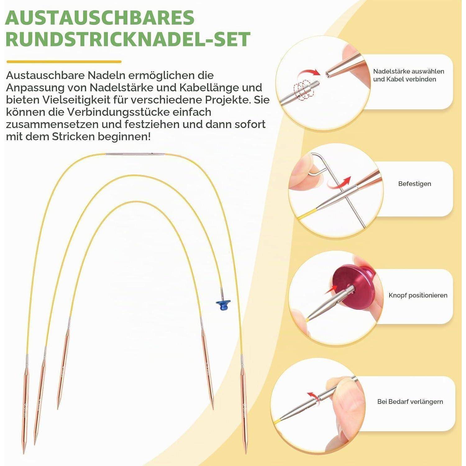 Austauschbares Rundstricknadel-Set mit drei Nadellängen und vier Schritten: Größe wählen, Kabel verbinden, anbringen und bei Bedarf verlängern.