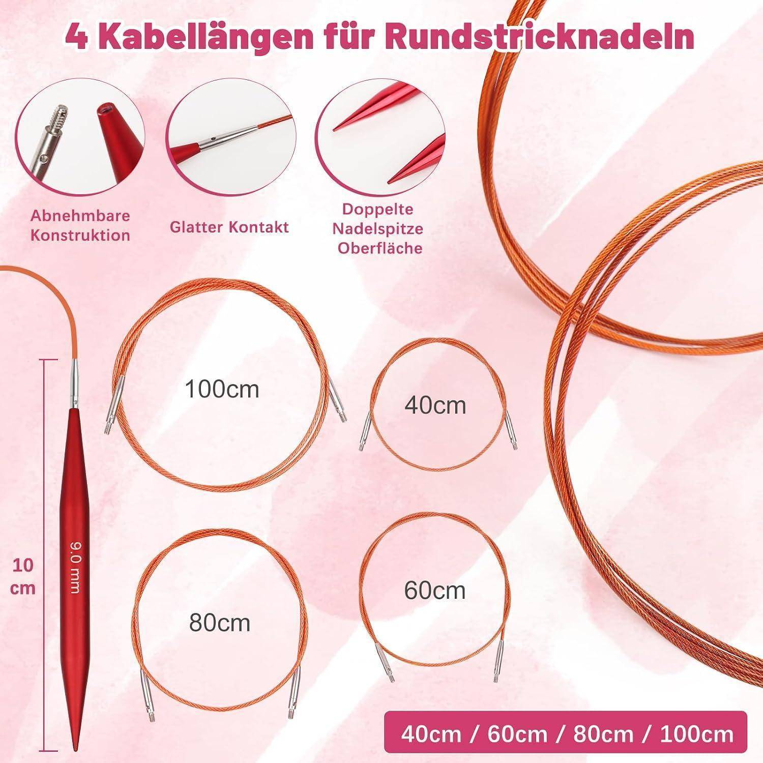 Infografik von Rundstricknadeln mit 4 Kabellängen: 40cm, 60cm, 80cm und 100cm, die abnehmbares Design, glatte Verbindungen und Doppelspitzen zeigen.