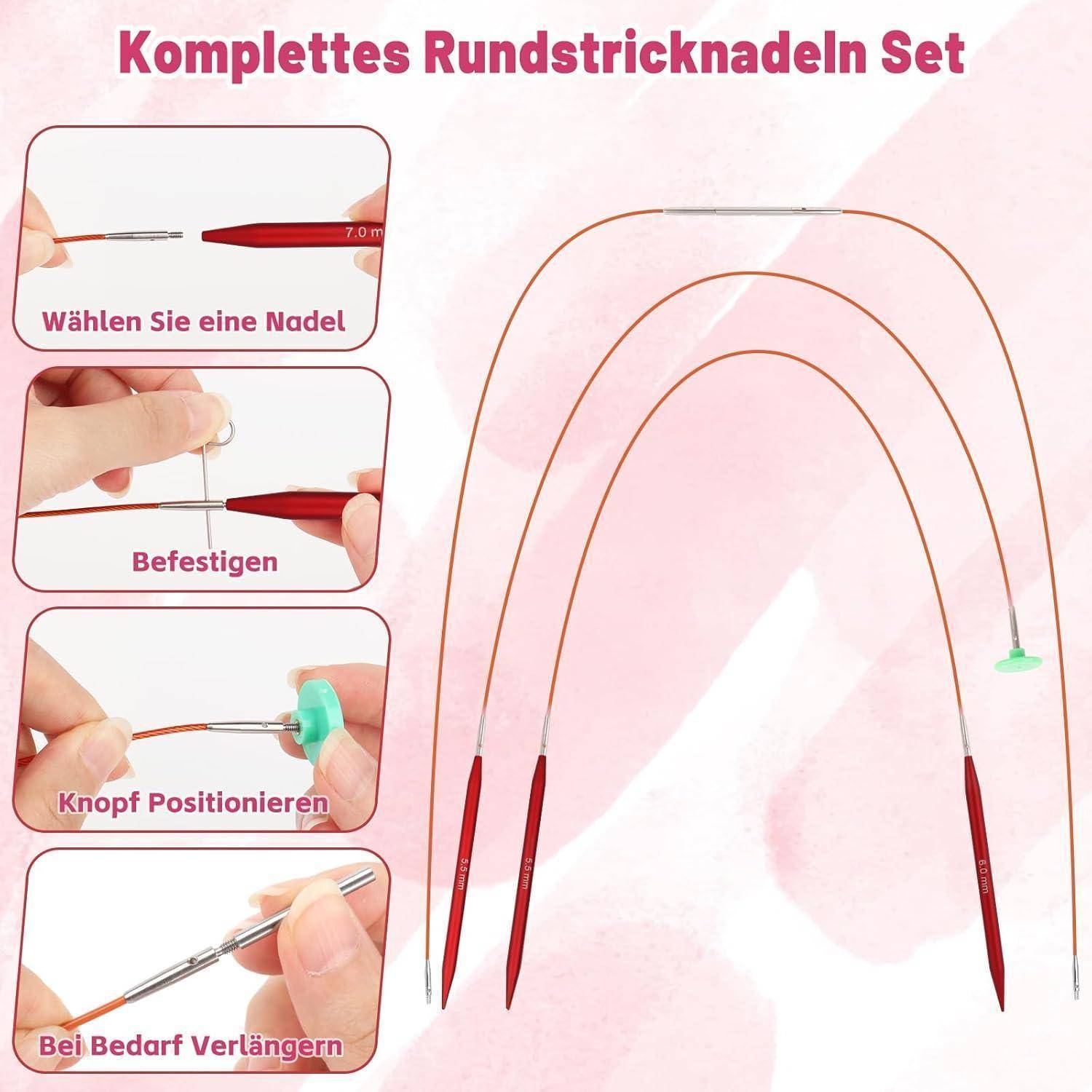 Coopay Rundstricknadeln Set auswechselbar 3,0-10,0 mm Aluminium Mattrot