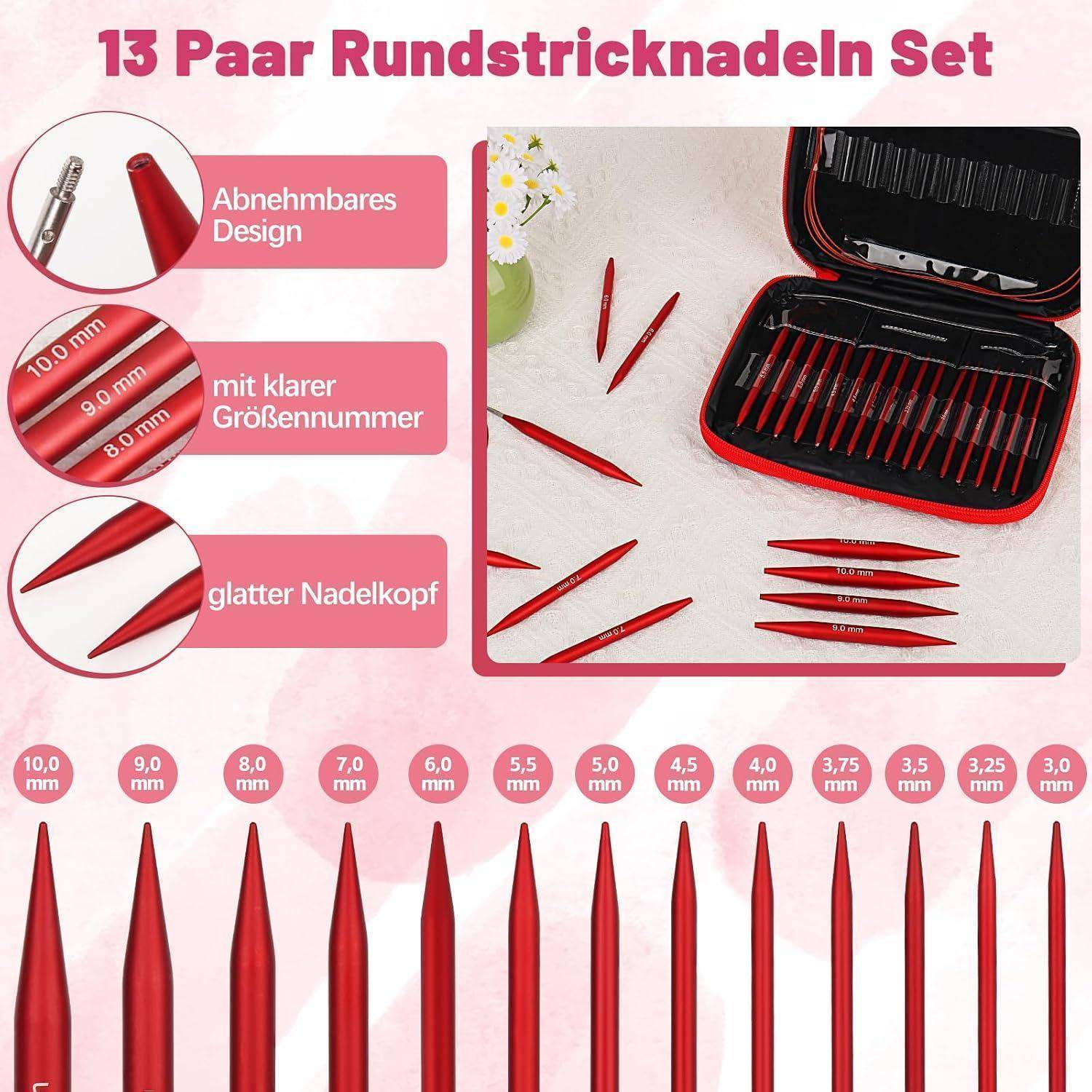 Coopay Rundstricknadeln Set auswechselbar 3,0-10,0 mm Aluminium Mattrot