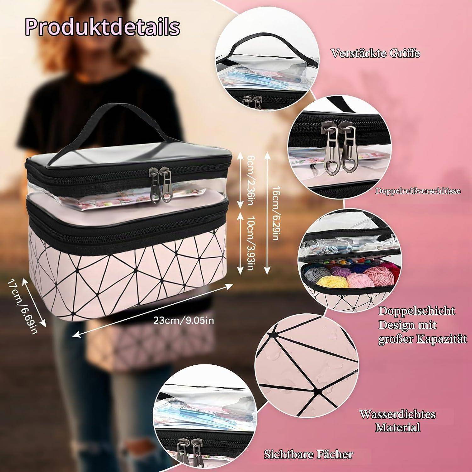 Werbebild einer geometrischen rosa-schwarzen Reißverschluss-Aufbewahrungstasche mit Griff, das Abmessungen, Doppelschicht-Fächer, verstärkte Griffe, sichtbare Bereiche und wasserdichtes Material zeigt.