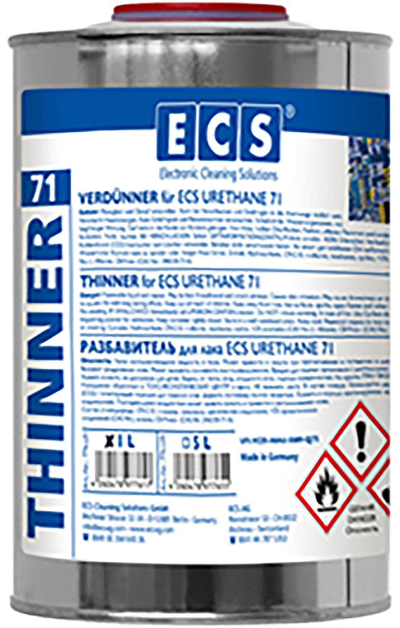 Dose ECS 71 Urethan-Verdünner mit Warnhinweisen, Gefahrensymbolen und Produktetiketttext.