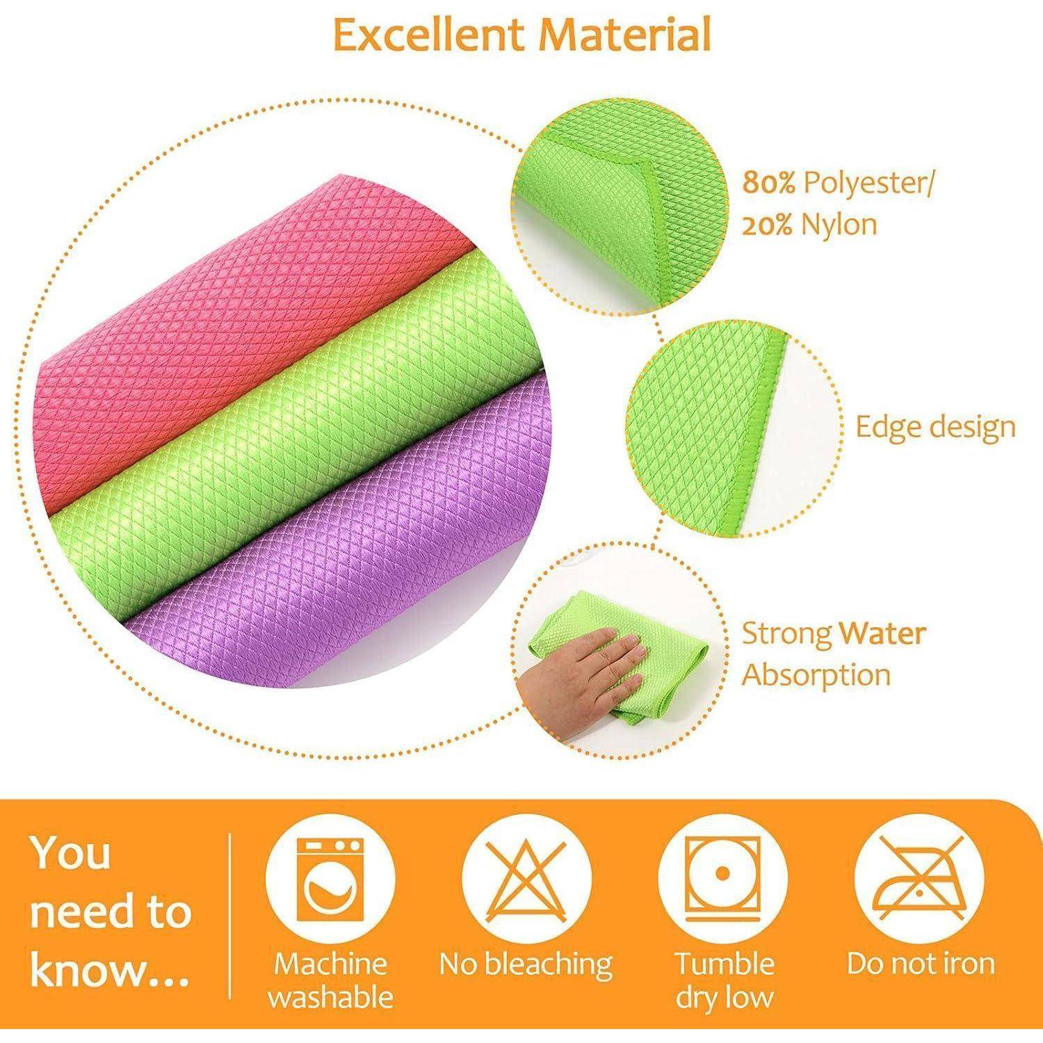 Infografik mit farbenfrohen Mikrofasertüchern mit der Bezeichnung „Exzellentes Material", bestehend aus 80% Polyester und 20% Nylon, mit Kantendesign, starker Wasseraufnahme und Pflegesymbolen: Maschinenwäsche möglich, kein Bleichen, niedriges Trocknen im Trockner, nicht bügeln.
