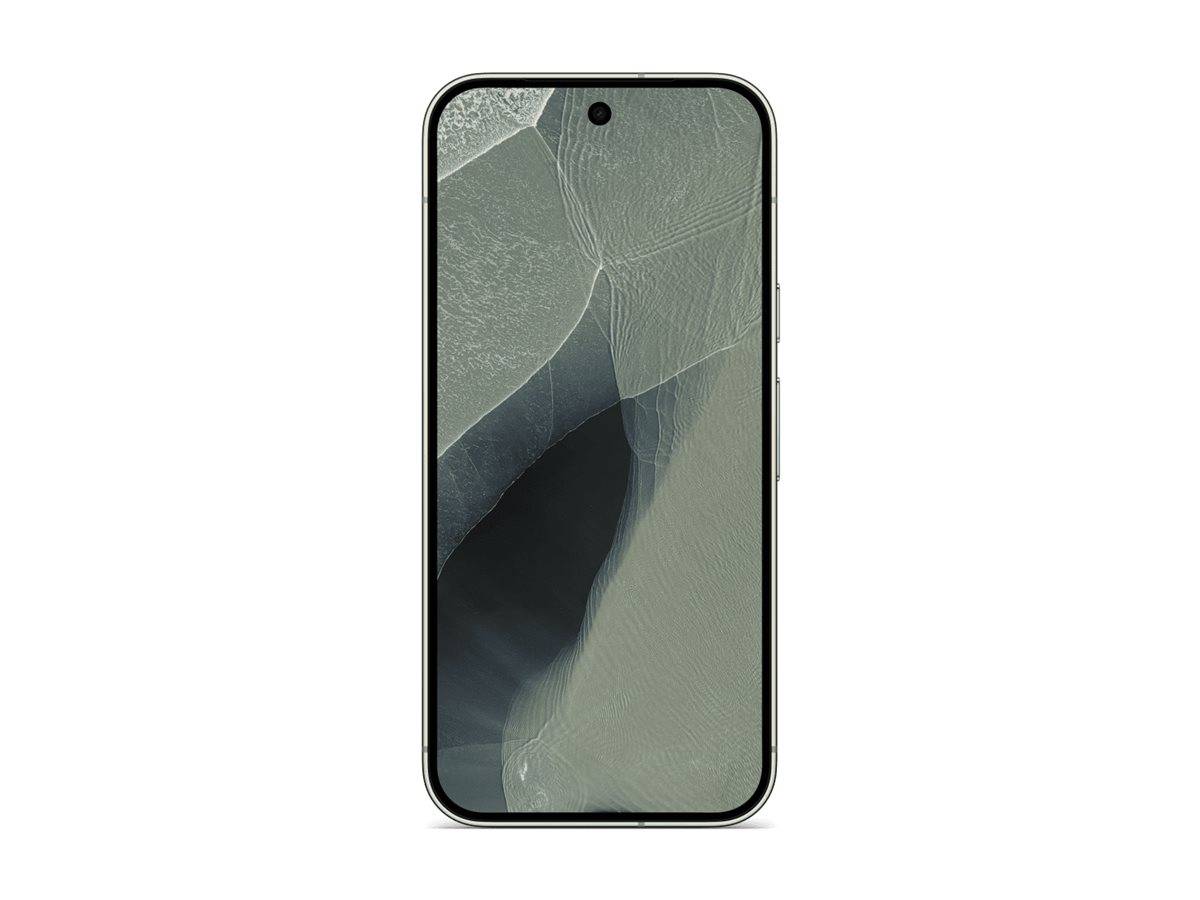 Vorderansicht eines Smartphones mit zentraler Lochkamera und abstraktem graugrünem Hintergrund auf dem Bildschirm.
