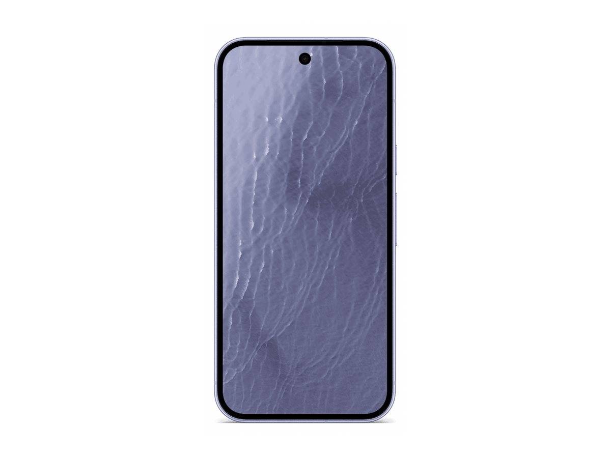 Vorderansicht eines Smartphones mit violettem abstraktem Hintergrundbild und zentrierter Lochkamera auf einfachem weißem Hintergrund.