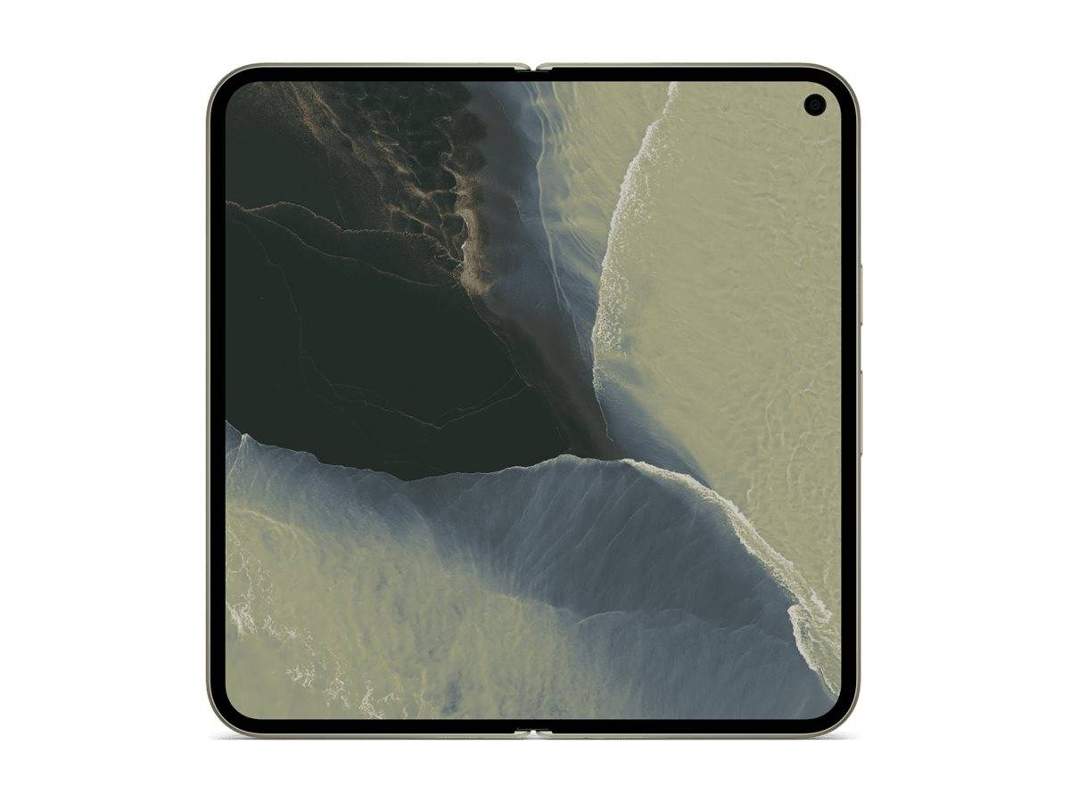 Vorderansicht eines zusammengeklappten Smartphones mit einem nahezu quadratischen Display, das ein abstraktes Luftaufnahme-Landschafts-Hintergrundbild zeigt.