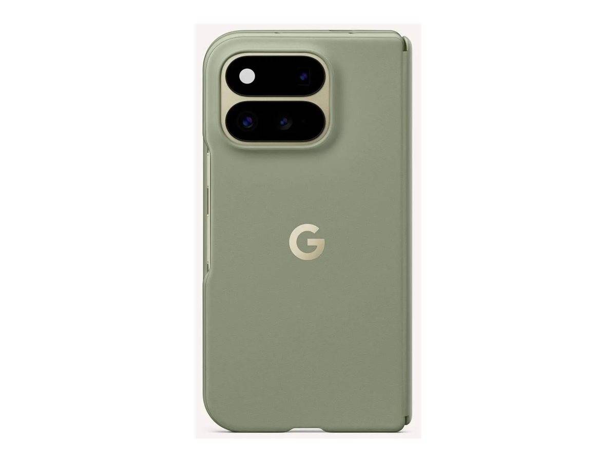 Rückseite eines salbeigrünen Google Pixel-Telefons mit dualen rückwärtigen Kameras und zentriertem 