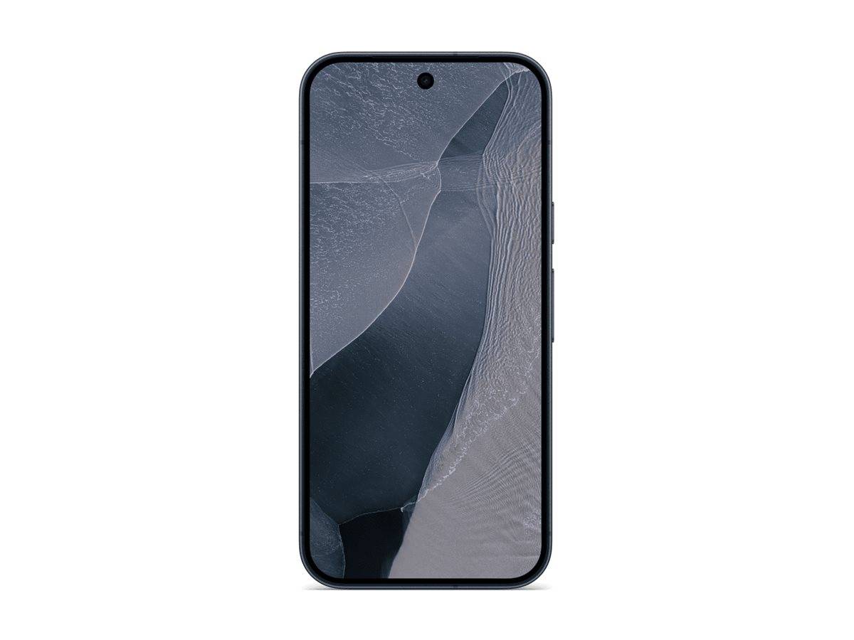 Vorderansicht eines Smartphones mit einem zentrischen Loch-Display, das eine graue abstrakte Tapete auf weißem Hintergrund zeigt.