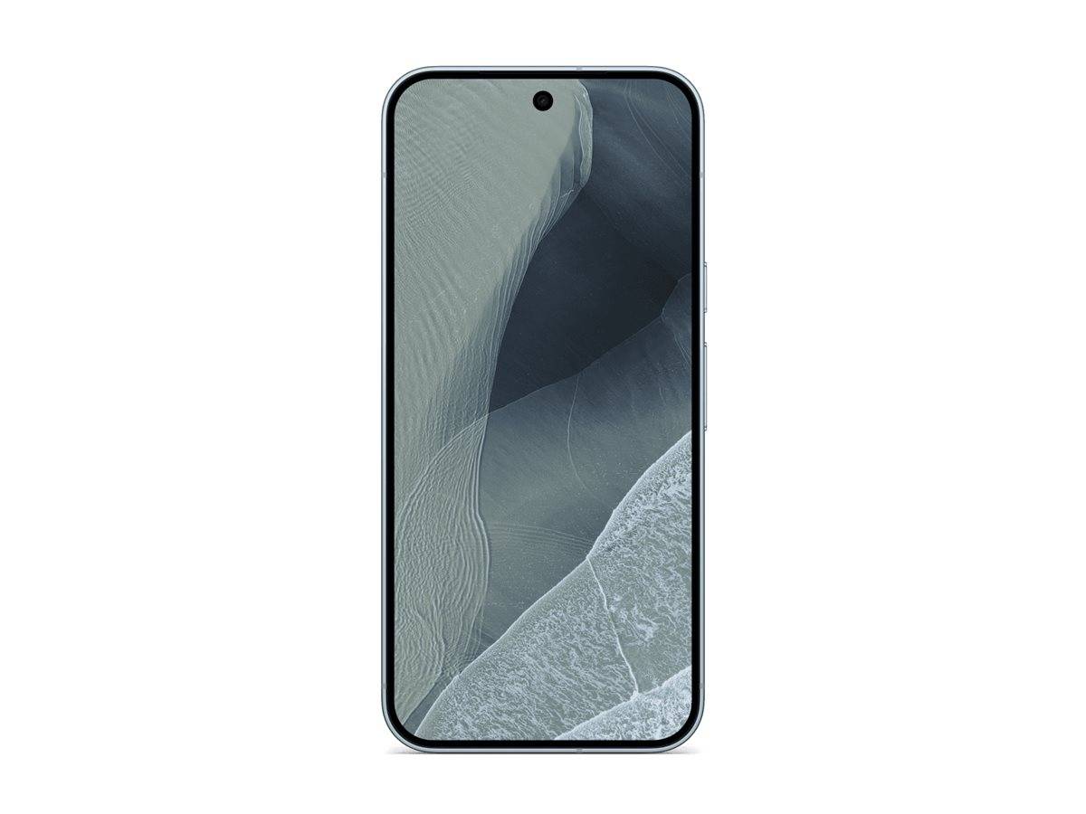 Vorderansicht eines Smartphones mit zentriertem Punch-Hole-Display, das eine abstrakte graue Wellentapete zeigt.