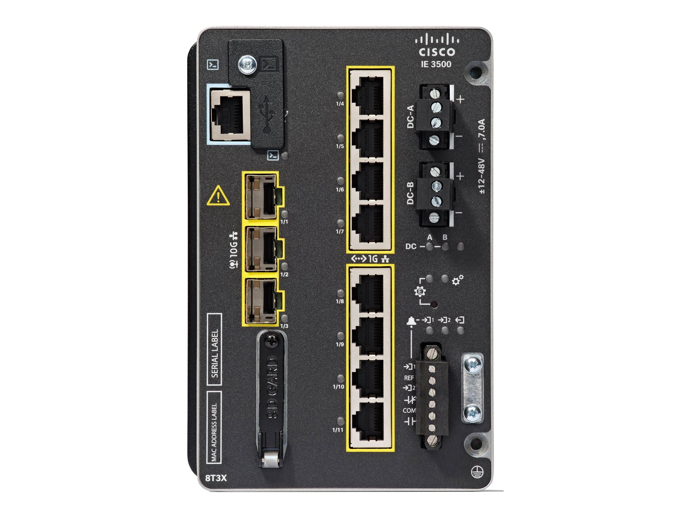 Cisco IE 3500 Industrial Network Switch Frontplatte mit mehreren Ethernet-Anschlüssen, Konsolenport, Stromeinspeisung und Statusanzeigen.