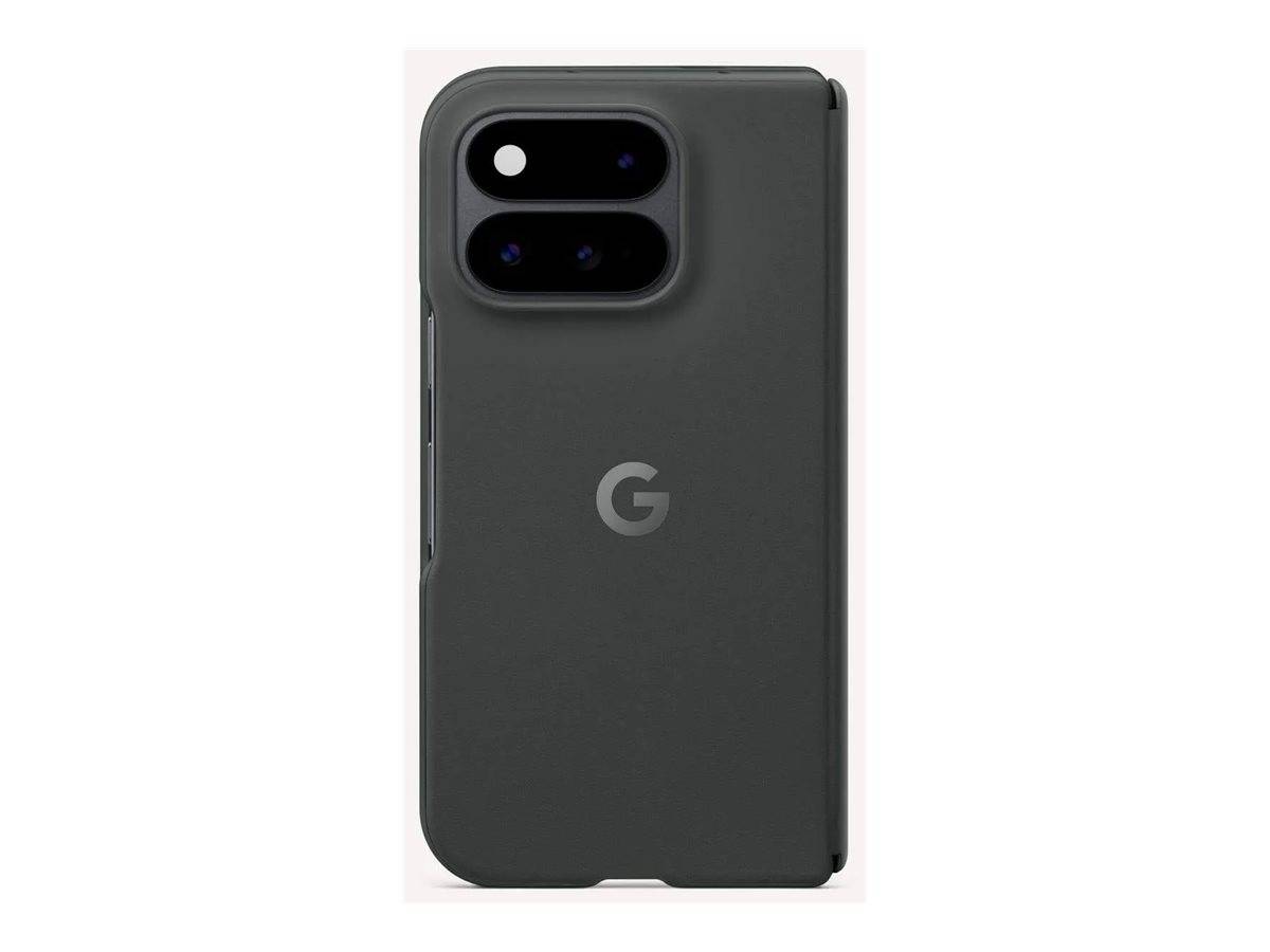 Rückseite eines dunkelgrauen Google Pixel-Telefons in einer Schutzhülle mit der dualen Kameraleiste und zentriertem Google-Logo.