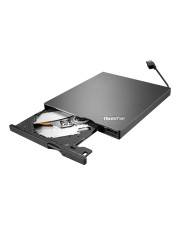 Externes optisches Laufwerk mit offenenem Tablett, das eine eingelegte Disc und ein angeschlossenes USB-Kabel zeigt.