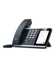 Schwarzes Büro-Schreibtischtelefon mit Tastatur, Hörer und Touchscreen-Display auf einem Ständer.