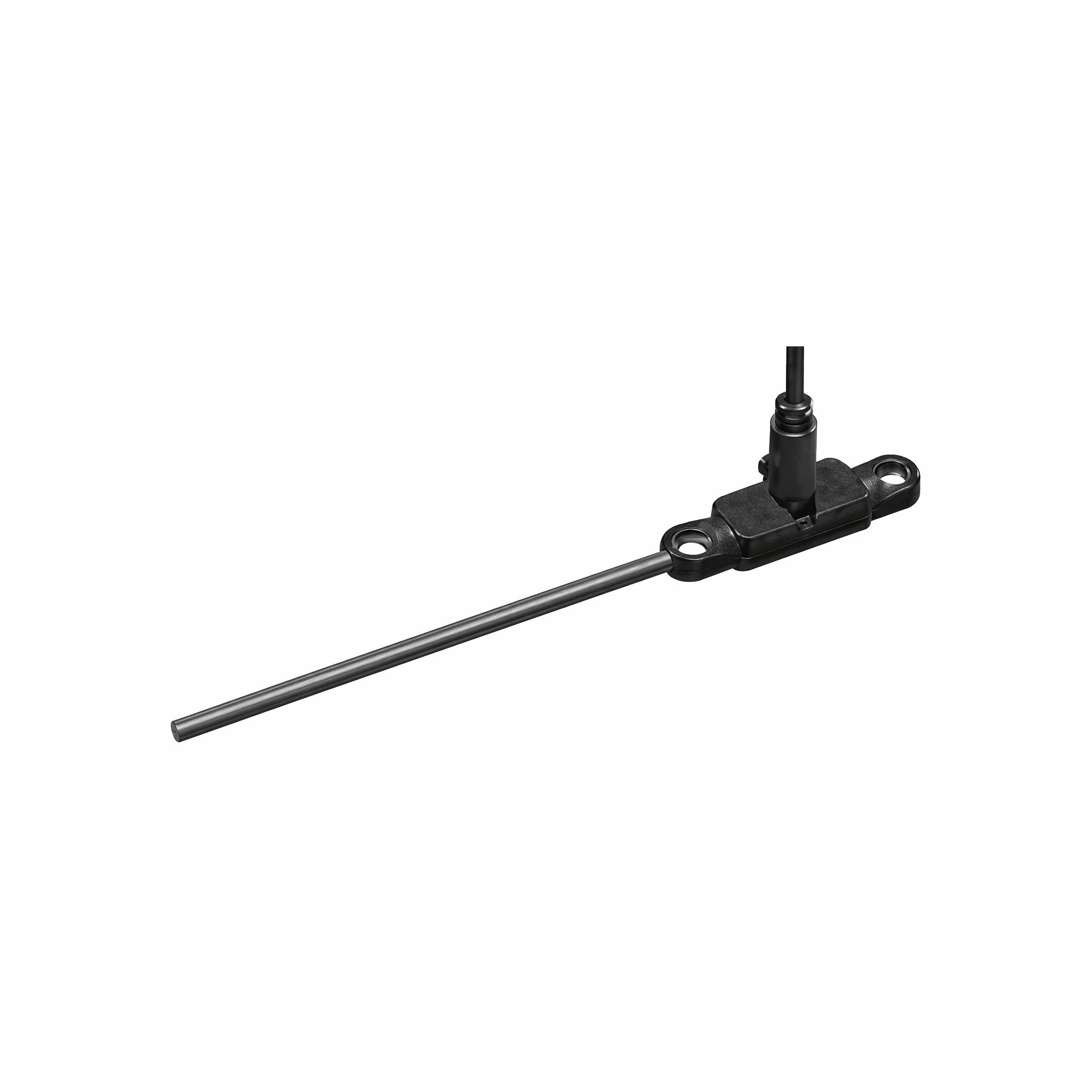 Schwarzer mechanischer Sensor mit langer Metallsonde und Befestigungslöchern, isoliert auf weißem Hintergrund.