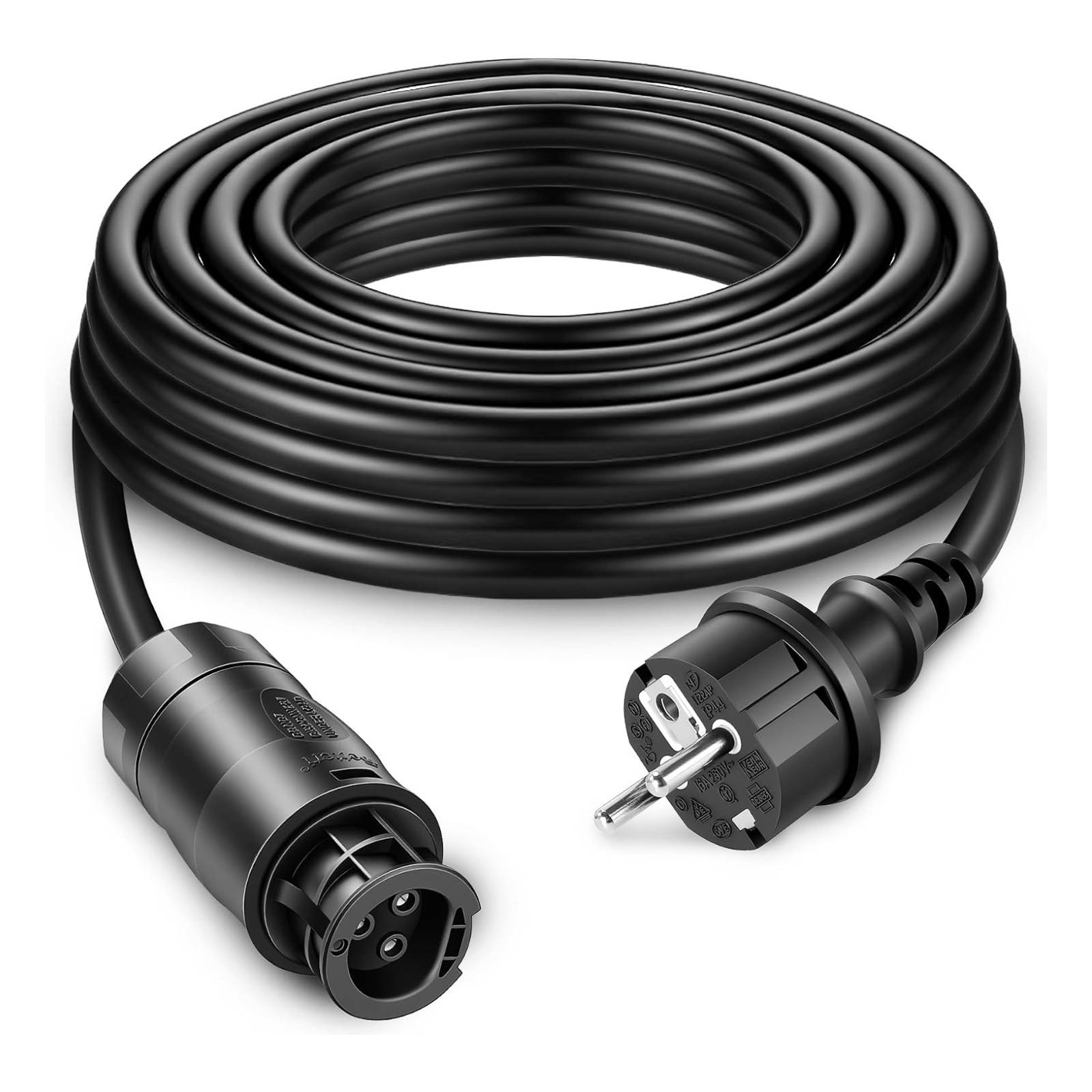 Schwarzes aufgerolltes Stromkabel mit europäischem zweipoliger Stecker und weiblichen Anschluss, auf weißem Hintergrund dargestellt.