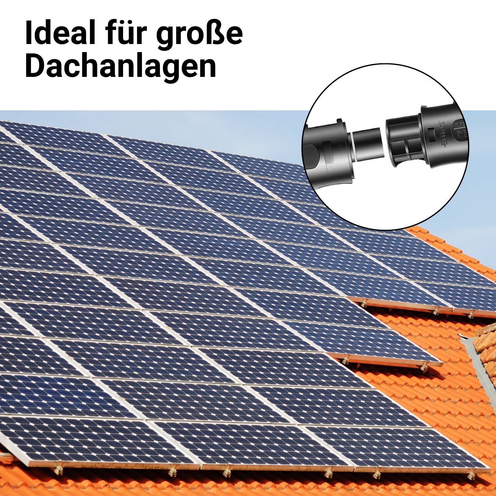 Photovoltaik-Solarmodule auf einem Ziegeldach mit einer vergrößerten Detailansicht eines Steckers, beschriftet mit „Ideal für große Dachanlagen