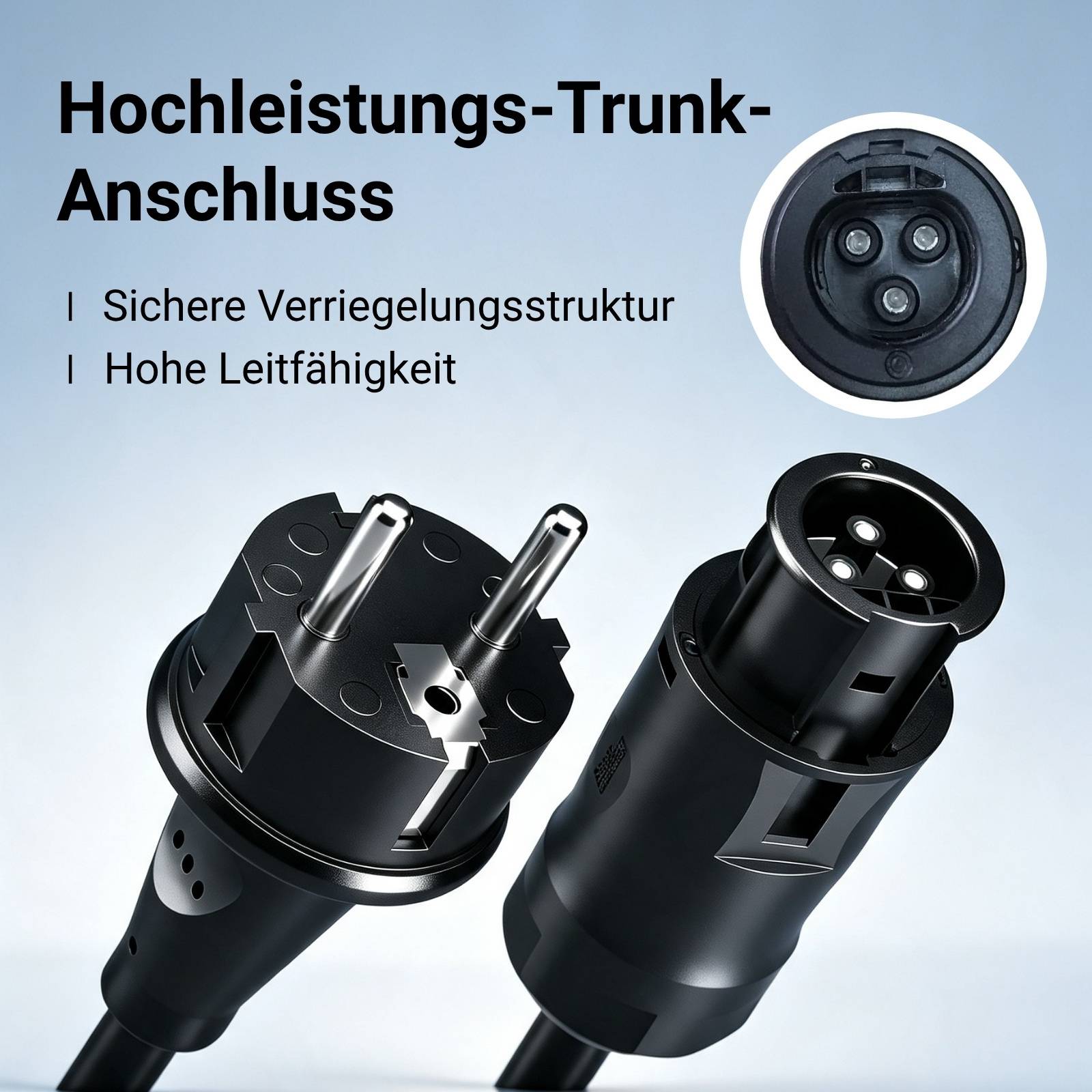 Hochleistungs-Stammstecker mit zwei Steckern und vergrößerter Detailansicht; Text hebt die sichere Verriegelungsstruktur und hohe Leitfähigkeit hervor.