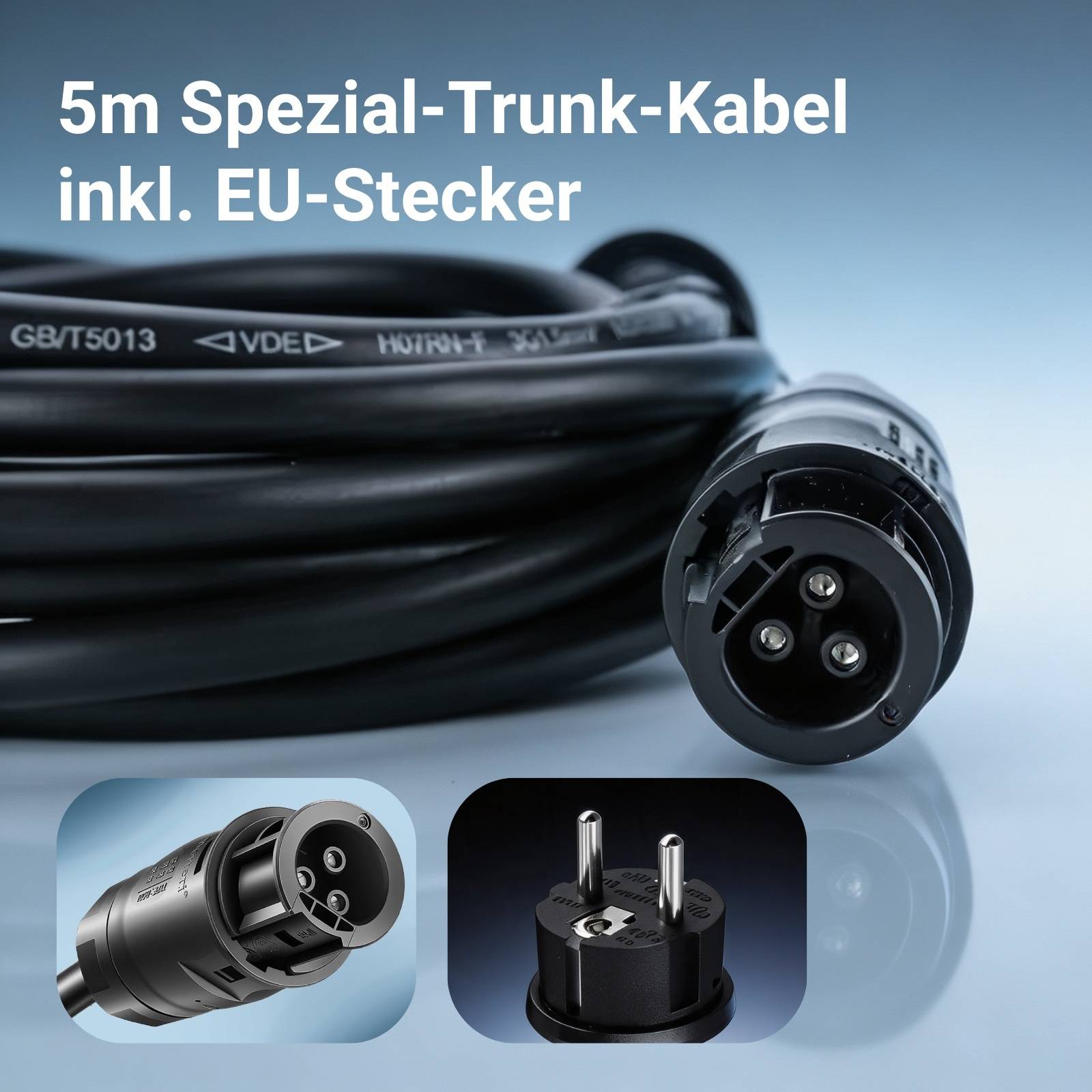 Aufgewickeltes 5m Spezial-Trunk-Kabel mit EU-Stecker, gezeigt mit Nahaufnahmen der Steckerverbindungen und Produktetikett '5m Spezial-Trunk-Kabel inkl. EU-Stecker'.