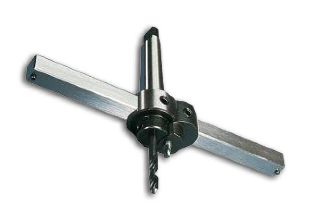 Metallisches Lochsägen-Bohrführungssystem mit einem zentralen Bohraufsatz und zwei einstellbaren horizontalen Stützleisten zur Bohrausrichtung