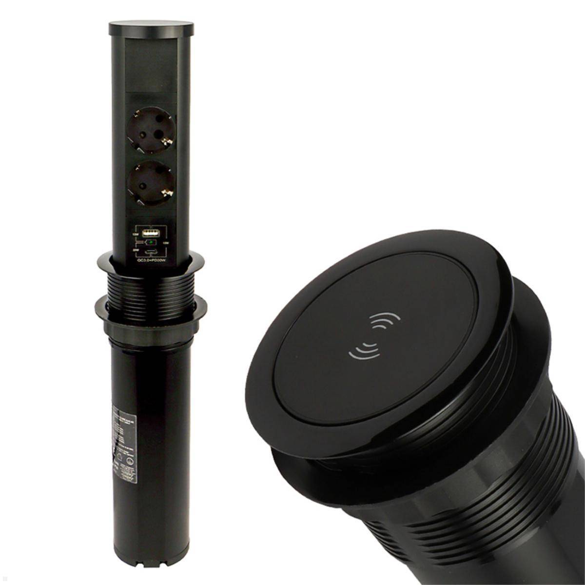 Schwarze Steckdosenleiste mit zwei Steckdosen, USB-Anschlüssen und drahtlosem Ladepad, shown ausgefahren und zusammengeklappt.