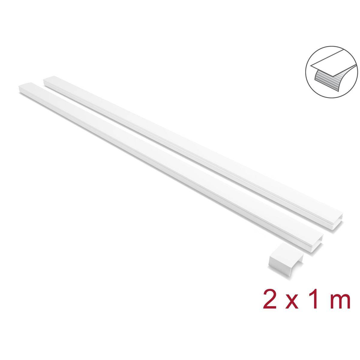 Illustration von zwei weißen 1-Meter-Wandleistenstreifen mit einem Eckverbinder, mit der Bezeichnung 2 x 1 m.