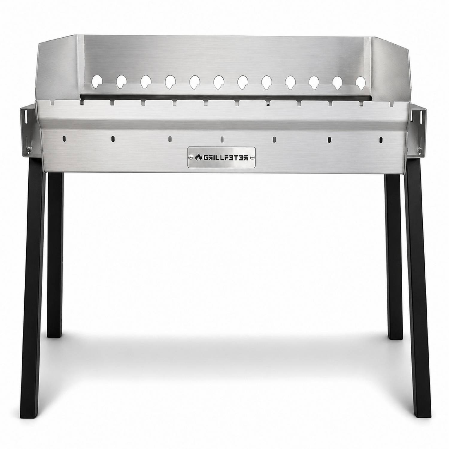 Edelstahl-Holzkohlegrill mit Deckel und schwarzen Beinen, auf weißem Hintergrund dargestellt.