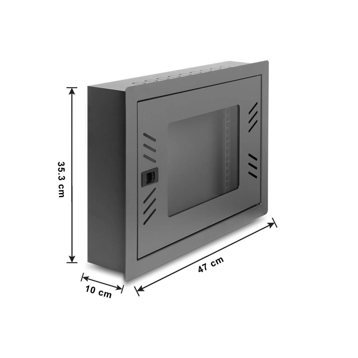 Grauer wandmontierter elektrischer Schaltschrank, dargestellt in 3D, mit gekennzeichneten Abmessungen von 47 cm Breite, 35,3 cm Höhe und 10 cm Tiefe.
