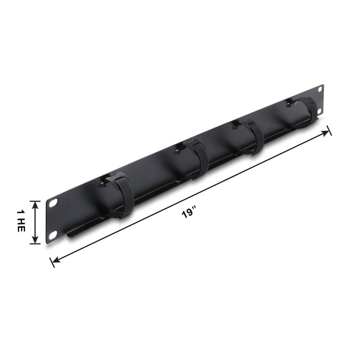 Schwarze Metall-Kabelmanagement-Blende 19 Zoll mit drei Riemen und Montagelöchern, gezeigt mit markierter Höhe von 1HE.