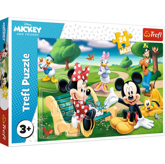 Schachtel eines Trefl 24-teiligen Mickey-and-Friends-Puzzles, das Mickey, Minnie, Daisy, Donald, Goofy und Pluto in einem Park zeigt.
