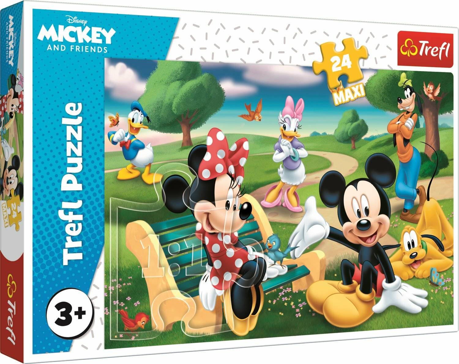 Disney Mickey und Freunde 24-teiliges Puzzle in einer Schachtel, das Mickey, Minnie, Donald, Daisy, Goofy und Pluto in einem Park zeigt; ab 3 Jahren.