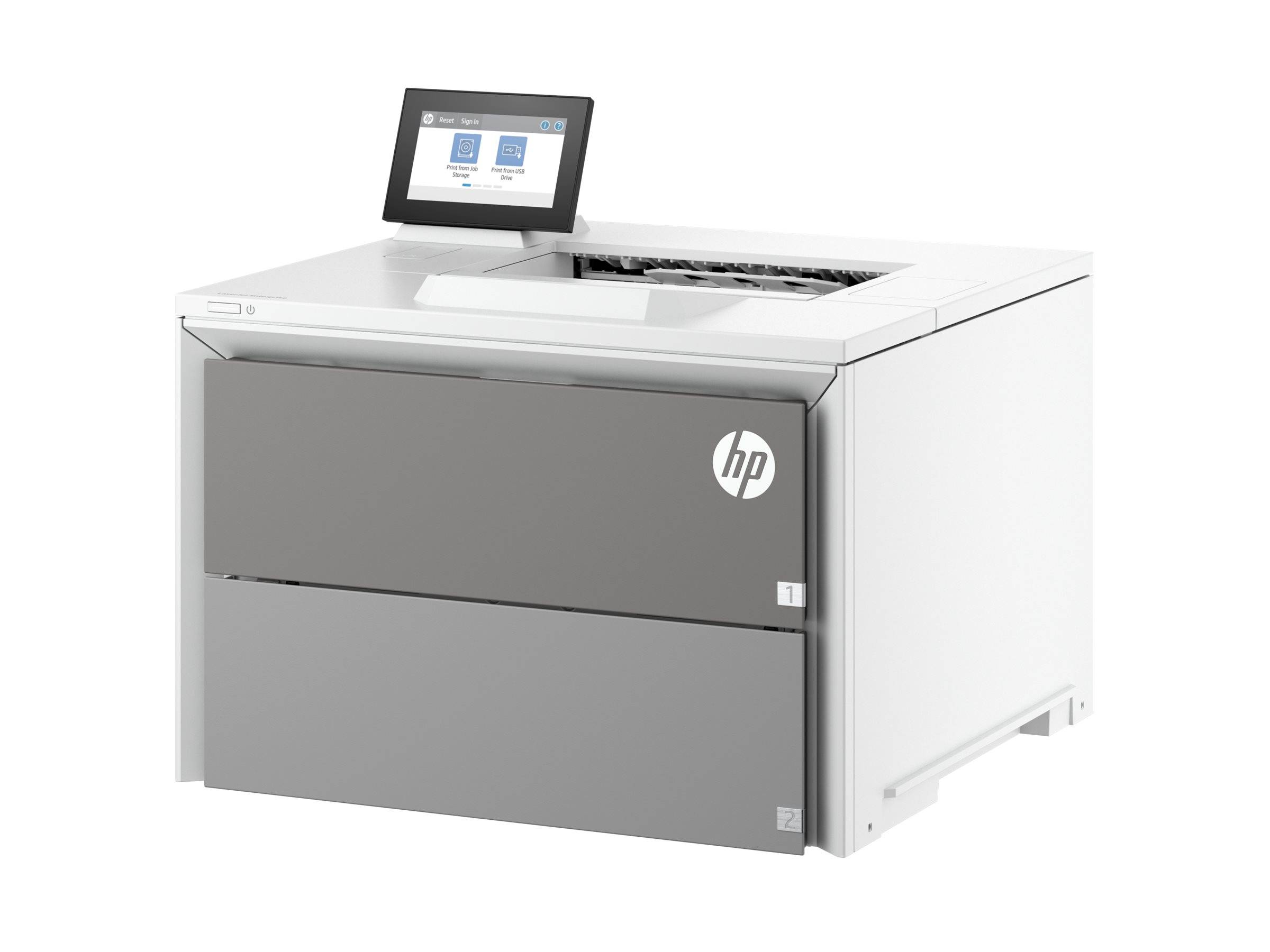 HP Multifunktionslaserdrucker mit Touchscreen-Bedienfeld und zwei vorderen Papierfächern.