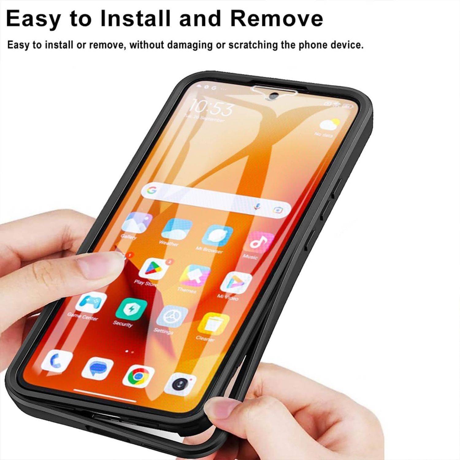Hände entfernen eine schwarze Handyhülle von einem Smartphone und zeigen die einfache Montage und Demontage ohne Kratzer auf dem Gerät.