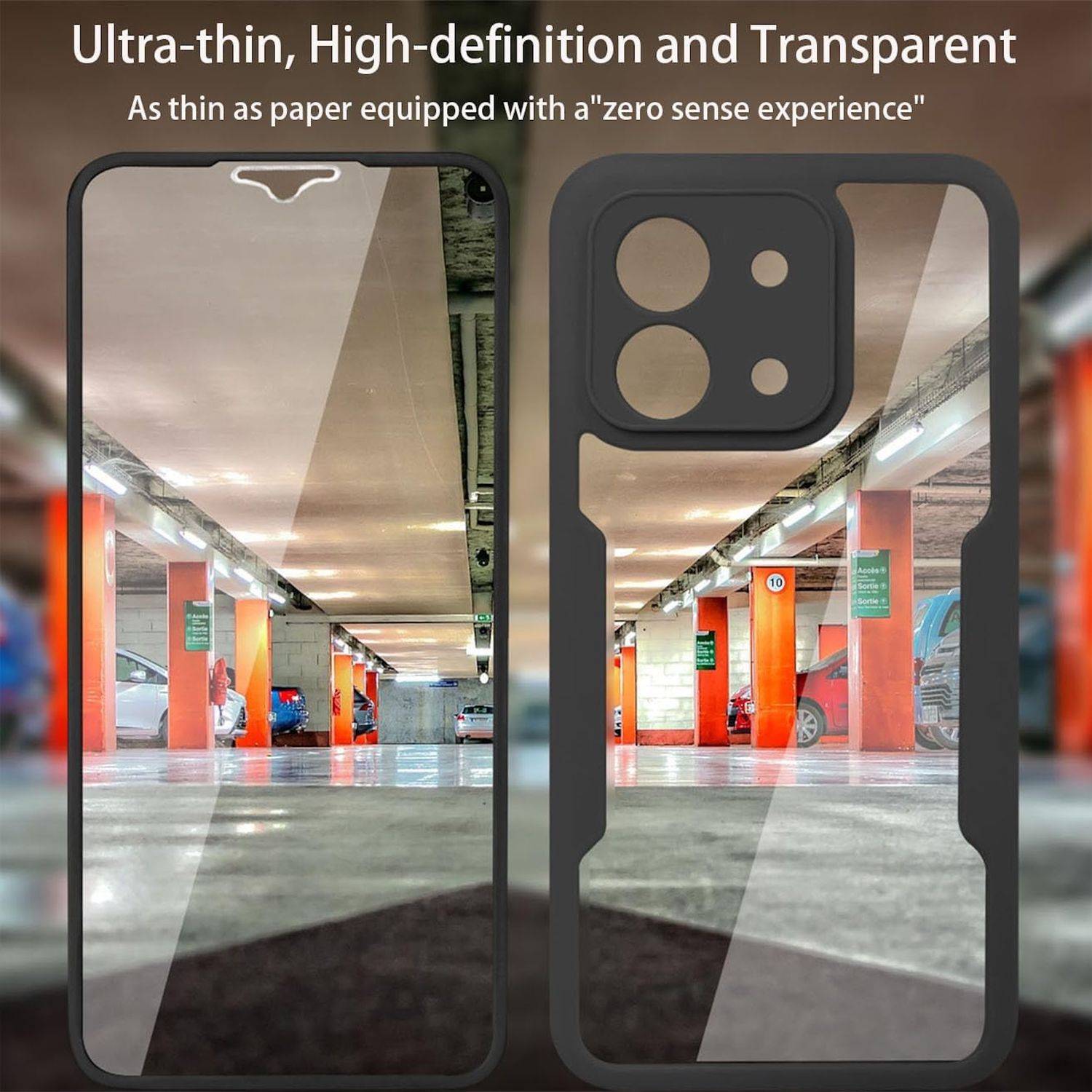 Werbebild von zwei transparenten Handyhüllen mit einem nahezu unsichtbaren, ultradünnen Design mit hochauflösendem klarem Rücken und Kameraausschnitten.
