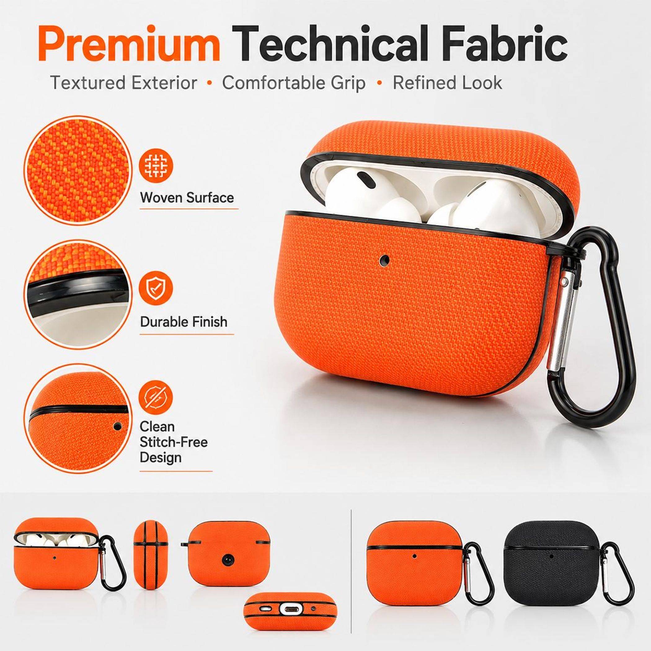 Orange strukturiertes AirPods-Case mit schwarzem Karabiner, gekennzeichnet als Premium-Technischstoff mit gewebter Oberfläche, strapazierfähigem Finish und sauberer nahtloser Gestaltung.