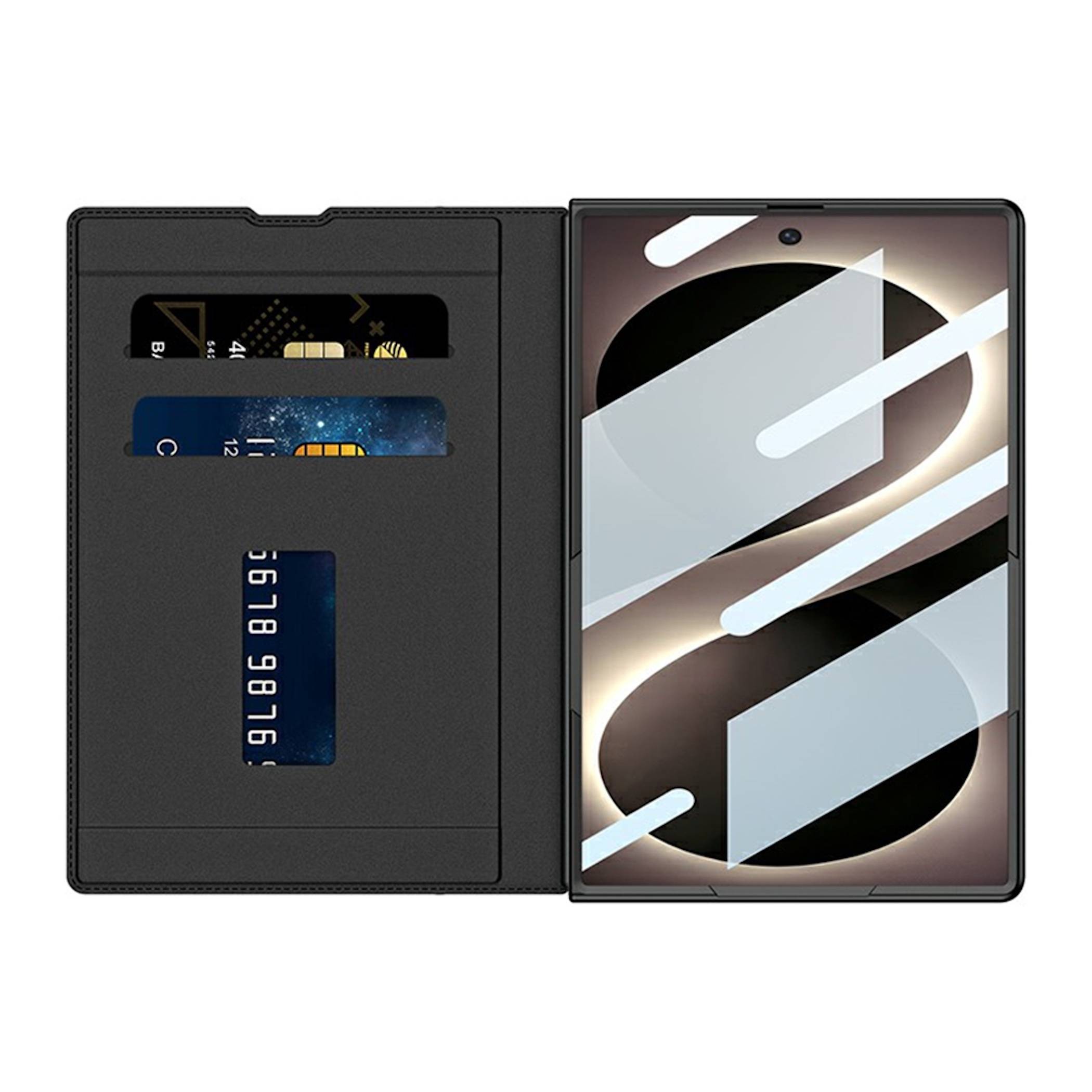 Schwarze Folio-Handyhülle mit Kartenfächern und einer sichtbaren blauen Karte, geöffnet mit einem Smartphone auf der rechten Seite.