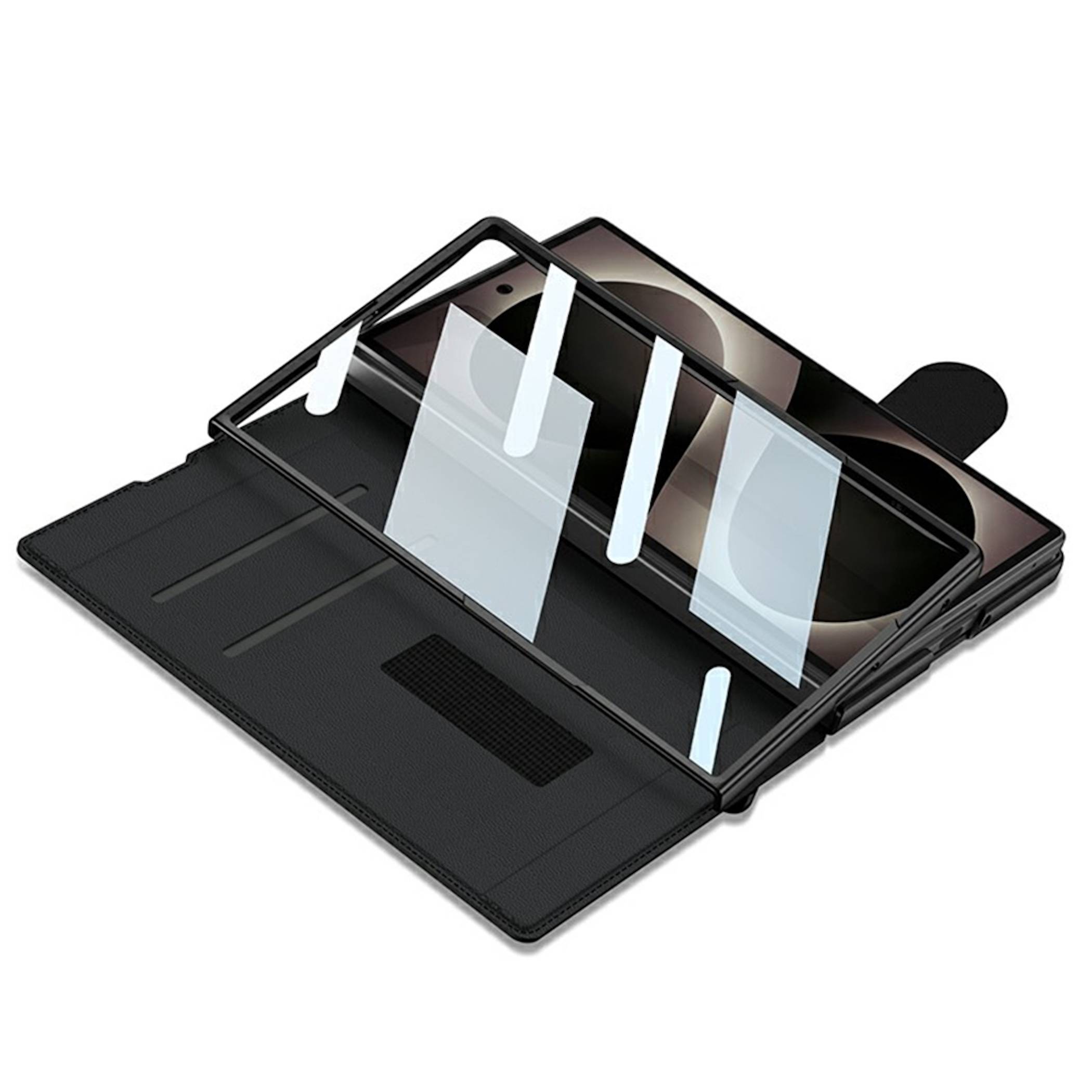 Schwarzes Folioformat-Handyhülle mit ausklappbarer Bildschirmlupe/Ständer, wobei das Telefon hinter einem klaren Sichtfenster vergrößert angezeigt wird.