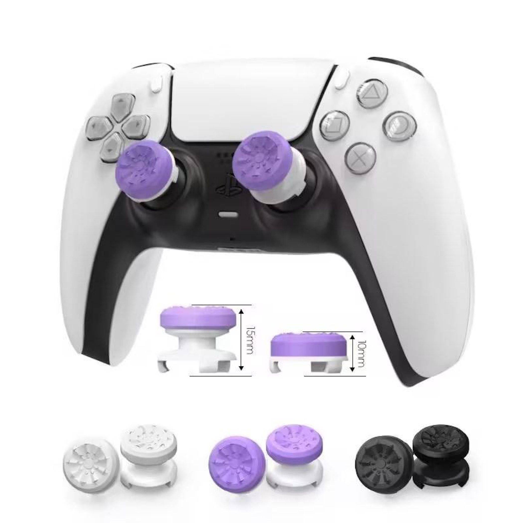 PlayStation 5-Controller mit lila Joystick-Daumengriffe, gezeigt mit zwei flachen Griffstilen und Farboptionen in Weiß, Lila und Schwarz.