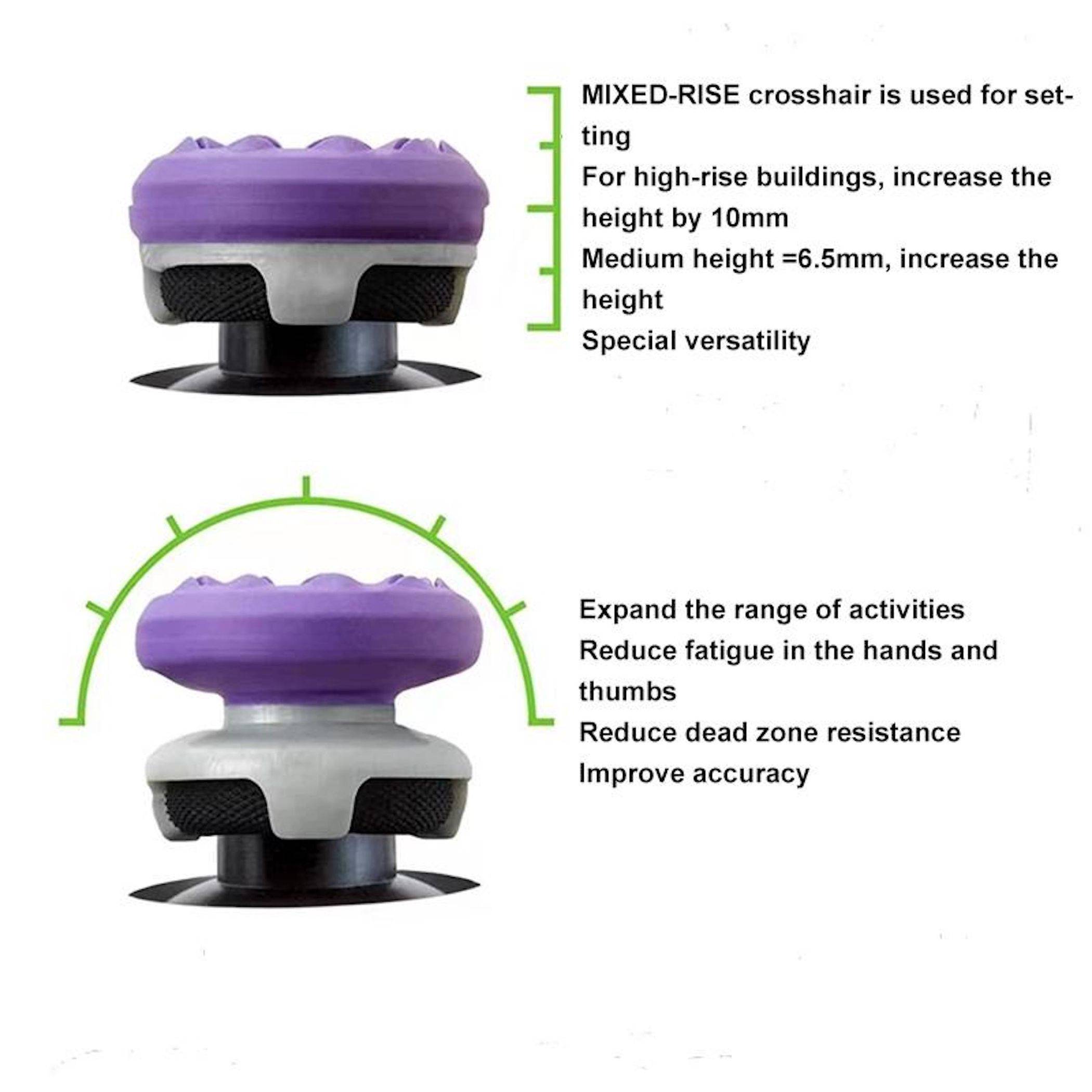 Produktdiagramm einer violetten Crosshair-Joystick-Kappe mit gemischter Höhe, die zwei Höhenoptionen und Vorteile zeigt: spezielle Vielseitigkeit, reduzierte Ermüdung und verbesserte Genauigkeit.