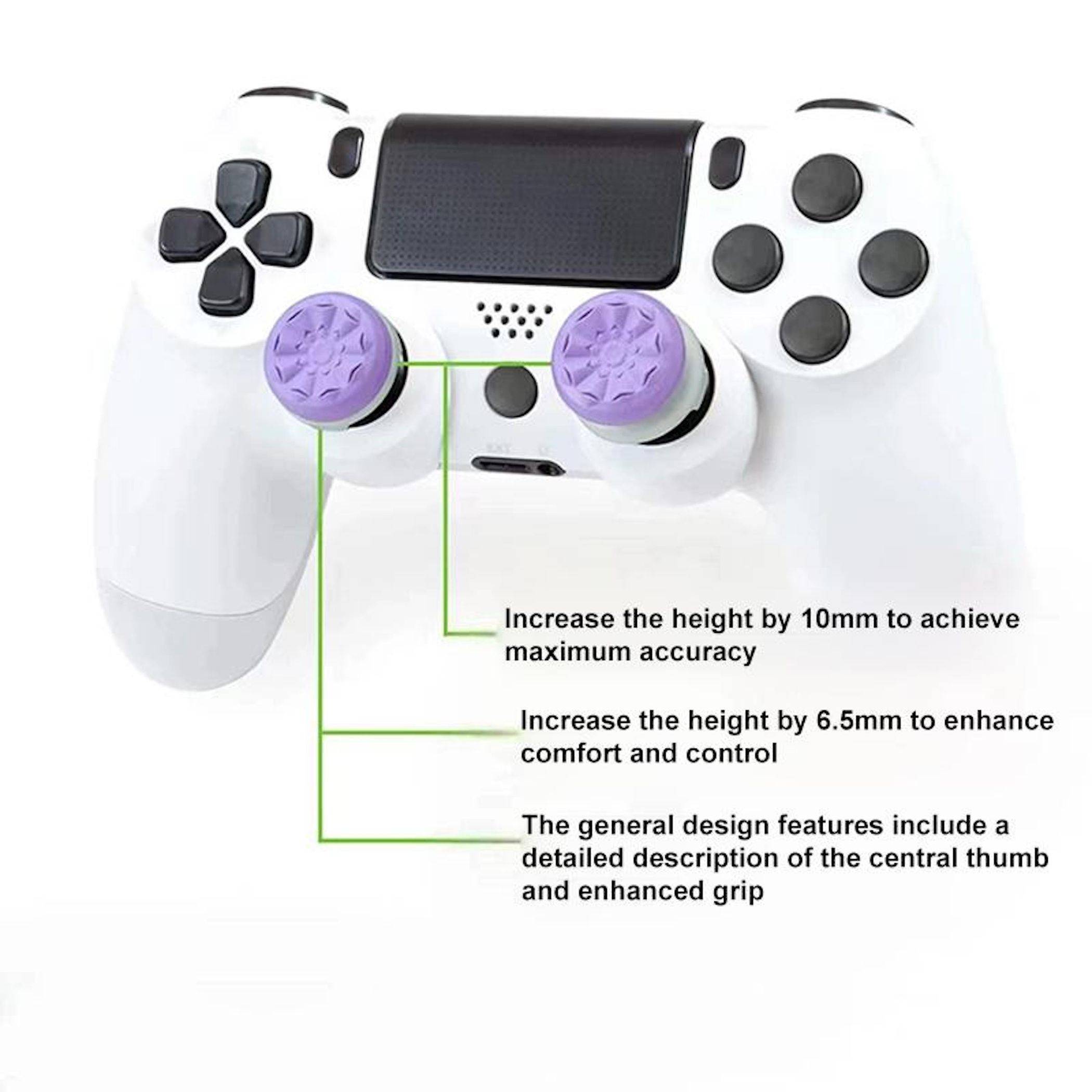 Weißer Spielecontroller mit violetten Daumengreifern und Beschriftungen, die eine Erhöhung um 10 mm für Genauigkeit, 6,5 mm für Komfort und verbesserten zentralen Daumengriff beschreiben.