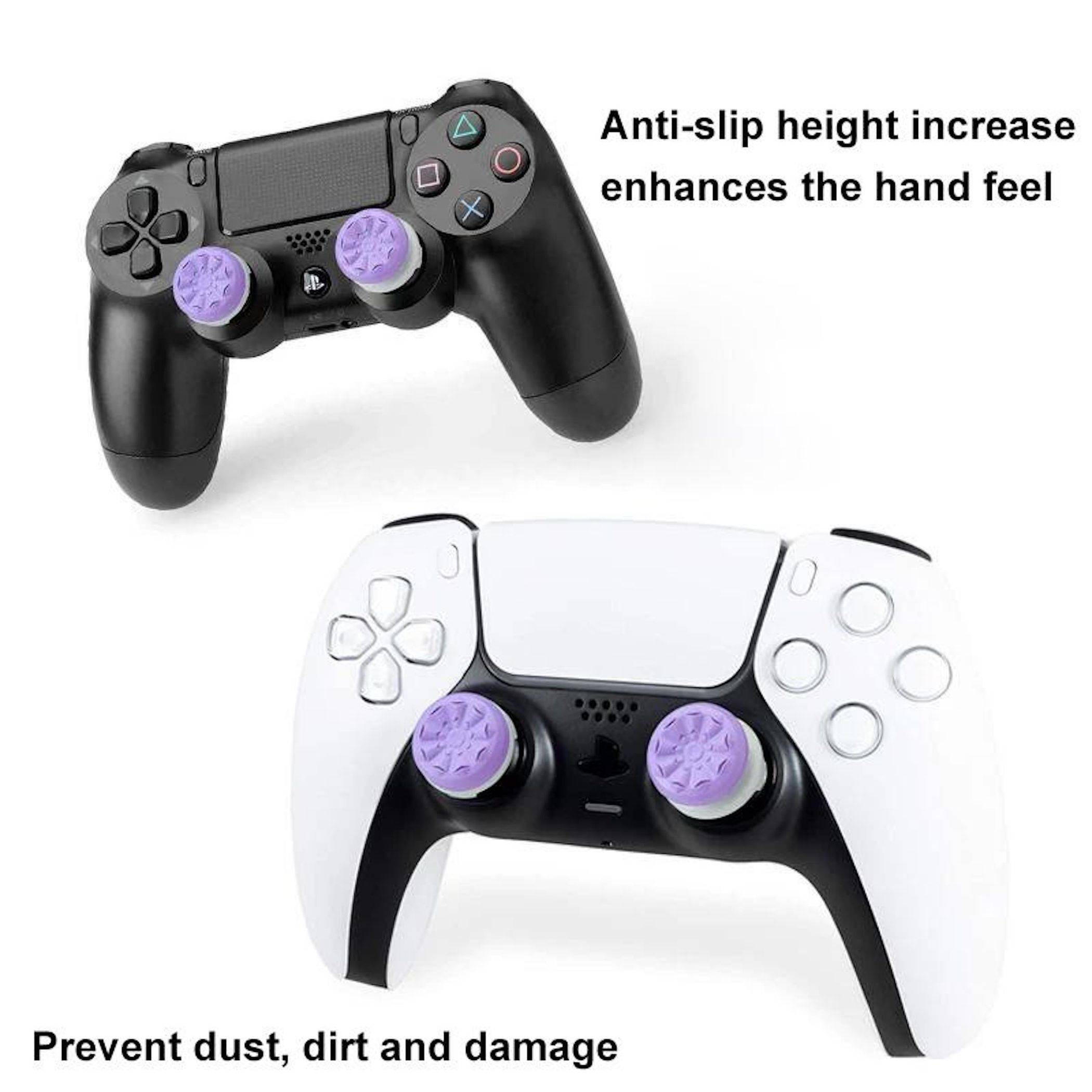 Zwei PlayStation-ähnliche Controller mit violetten Daumenaufsätzen; Text sagt „Anti-Rutsch-Erhöhung verbessert das Handgefühl