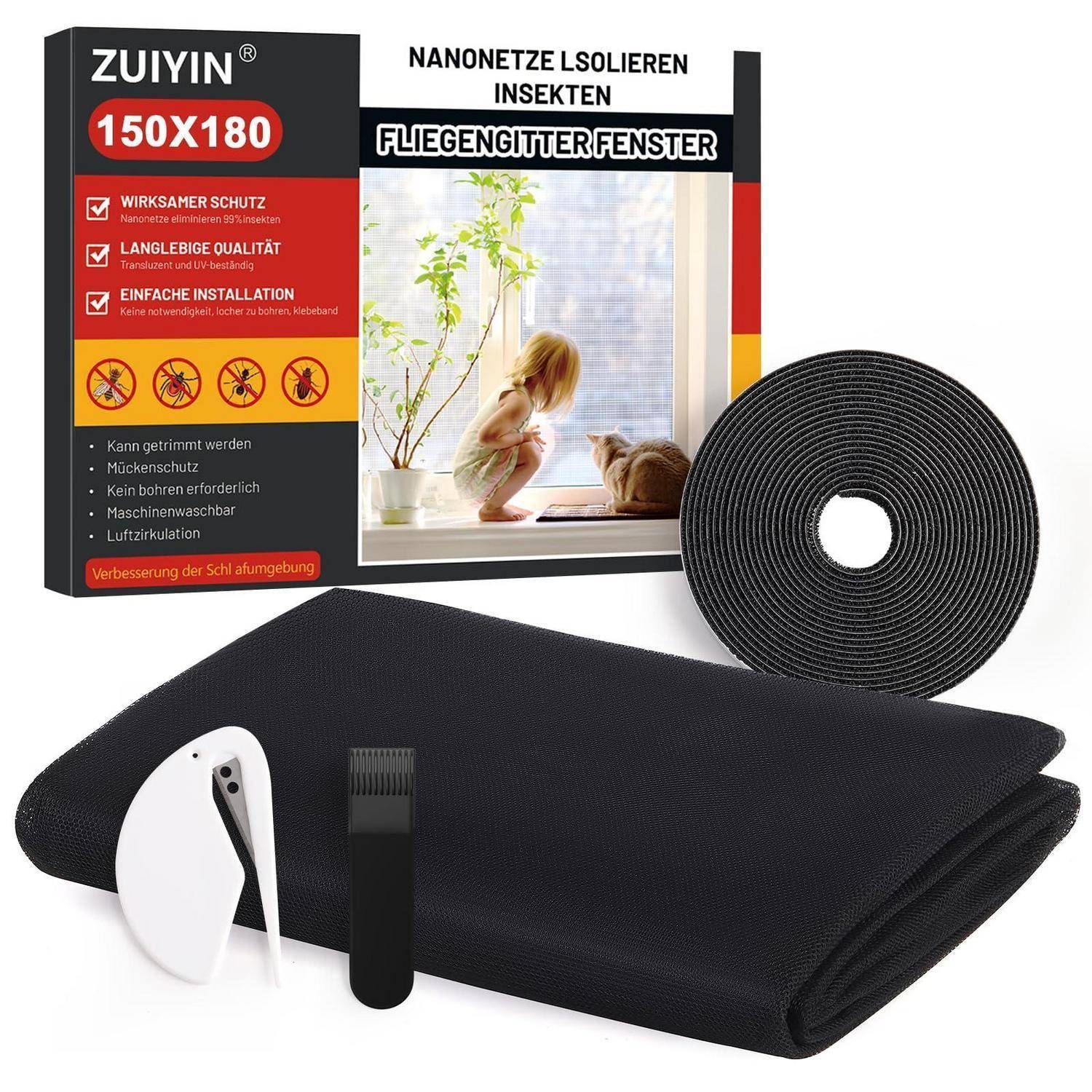 Verpacktes schwarzes Insektenschutznetz-Set mit der Bezeichnung 