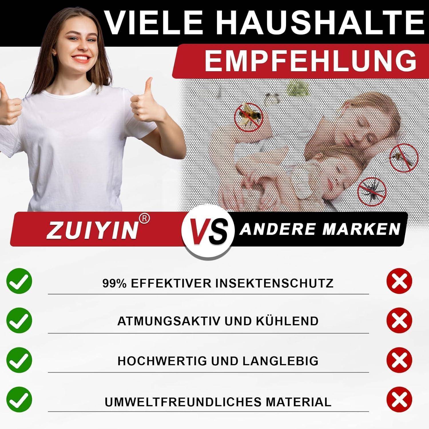 Deutsches Werbeanzeige zum Vergleich von ZUIYIN mit anderen Marken: Eine lächelnde Frau gibt einen Daumen hoch neben einem schlafenden Baby unter einem Moskitonetz, mit dem Anspruch „99% effektiver Insektenschutz